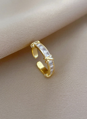 【真金】交叉满锆婚戒戒指开口可调节款简约手饰日系指环情侣对戒