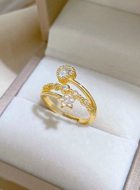 【真金】爱心星星满钻戒指开口可调节款简约手饰日系指环情侣对戒