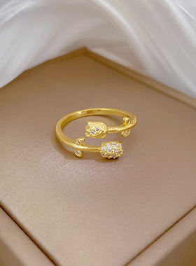 【真金】玫瑰花满钻戒指开口可调节款简约手饰日系指环情侣对戒