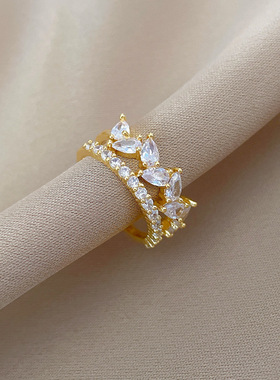 【真金】水滴满锆婚戒戒指开口可调节款简约手饰日系指环情侣对戒