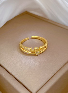 【真金】爱心LOVE锆石戒指开口可调节款简约手饰日系指环情侣对戒