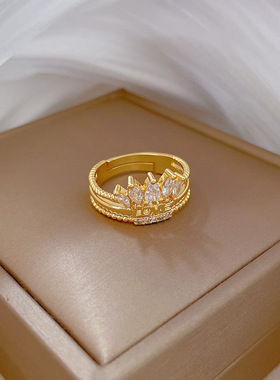 【真金】love皇冠满钻戒指开口可调节款简约手饰日系指环情侣对戒