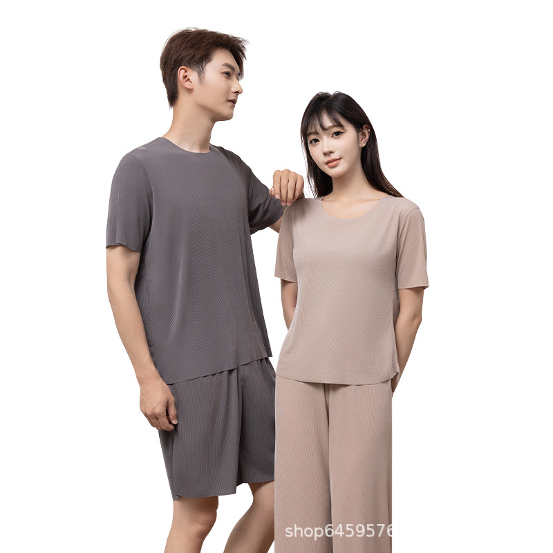 凉感冰丝睡衣情侣春夏天薄款短袖大码休闲无痕纯色家居服套装BL_tb9516070025_女士内衣/男士内衣/家居服-第2张图片-提都小院