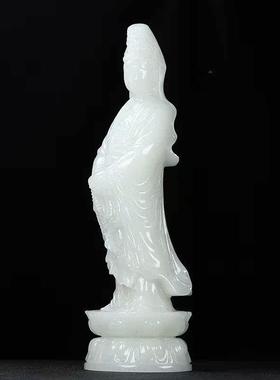 白玉观音摆件阿富汗玉佛像供奉禅意寺庙家用祠堂莲花站观世音菩萨