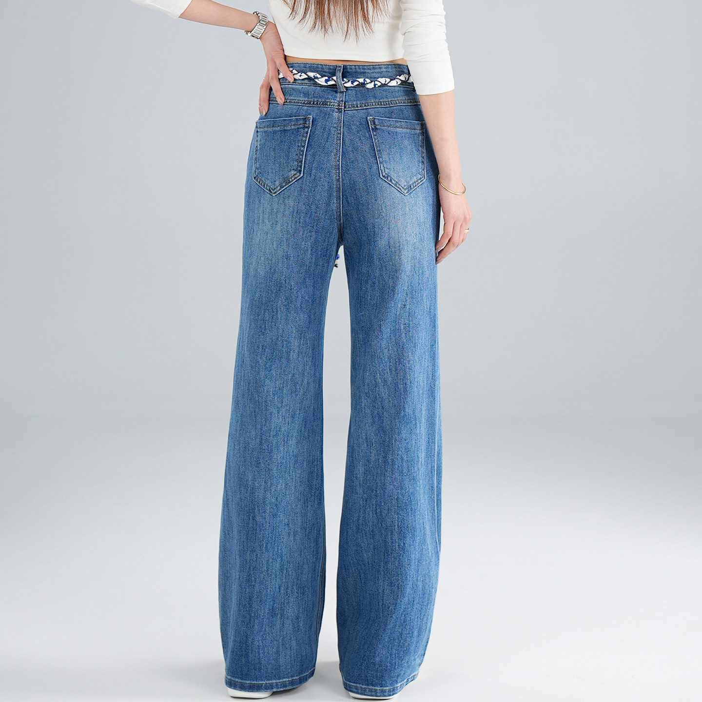 直筒微喇牛仔裤女春季2026新款宽松显瘦复古丝带高腰阔腿筒喇长裤,淘宝优惠券,粉丝福利购,淘宝优惠卷