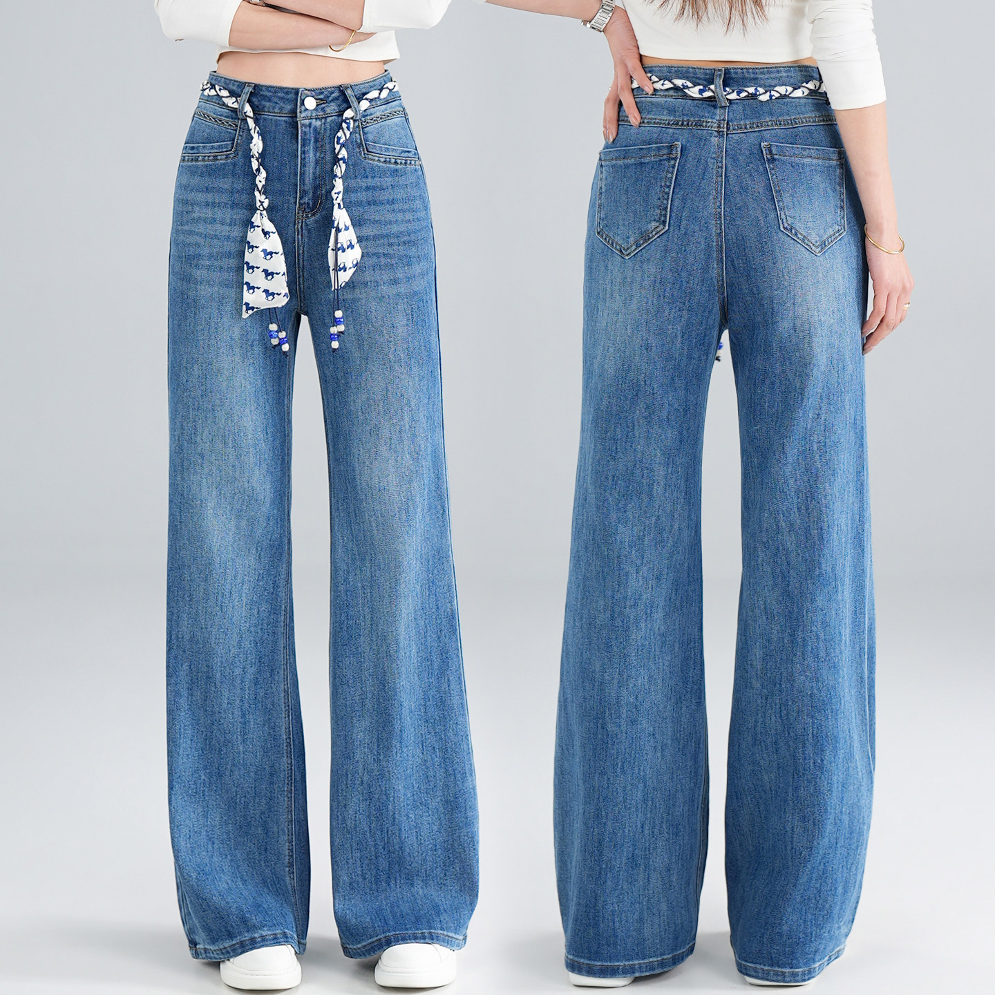 直筒微喇牛仔裤女春季2026新款宽松显瘦复古丝带高腰阔腿筒喇长裤,淘宝优惠券,粉丝福利购,淘宝优惠卷