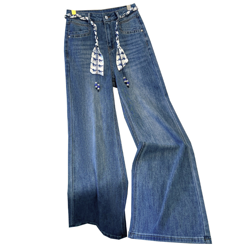 直筒微喇牛仔裤女春季2026新款宽松显瘦复古丝带高腰阔腿筒喇长裤,淘宝优惠券,粉丝福利购,淘宝优惠卷