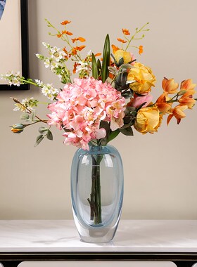 现代轻奢蓝色气泡琉璃艺术花瓶摆件客厅酒店玄关桌面花.器插花装