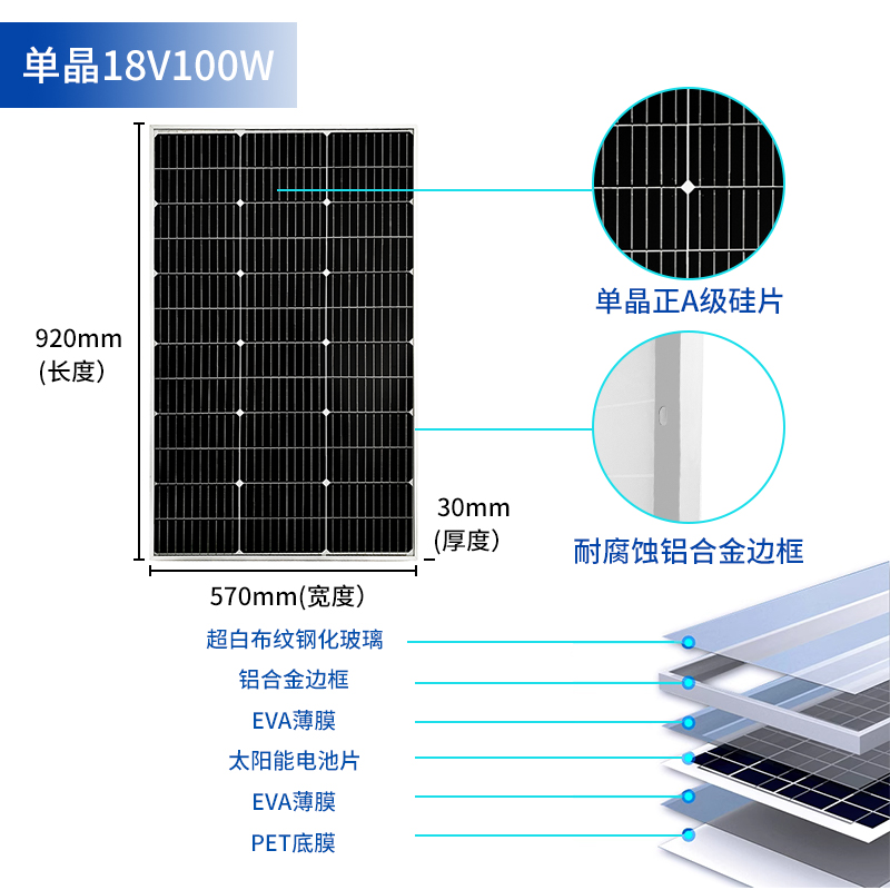 日翔太阳能板单晶硅100W发电板电池板光伏发电系统充电12V24V家用 - 图2