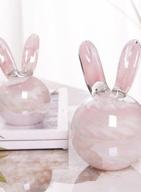 艺术玻璃粉玉兔摆件现代简约创意客厅书房桌面可爱兔子家居装饰品