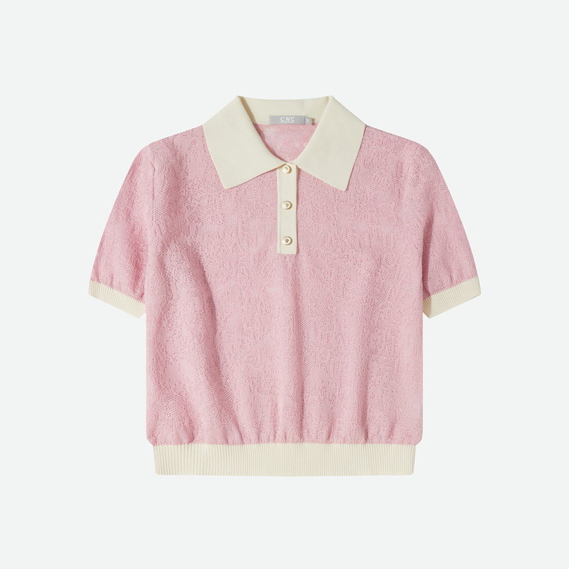 CNC品牌轻奢女装春夏新款小香风针织衫女粉色短袖纯棉polo衫 - 图3