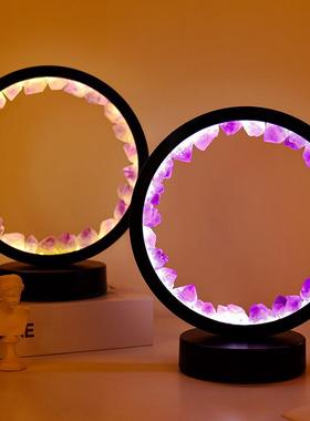 天然紫水晶晶簇牙花DIY制作圆形夜灯USB插电底座家居床头灯饰