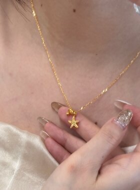 复古金色碎碎冰小海星吊坠项链女爆闪轻奢小众五角星星锁精致骨链