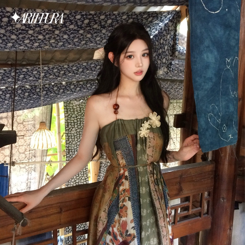 【李兰迪同款】ARTE PURA浅蓝色印花蕾丝花边连衣裙女吊带裙长裙 - 图0