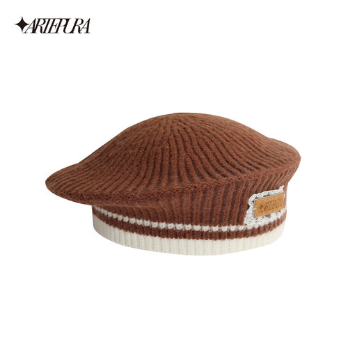 ARTE PURA2025秋冬新款藏青色撞色学院毛织贝蕾帽显脸小洋气帽子 - 图0
