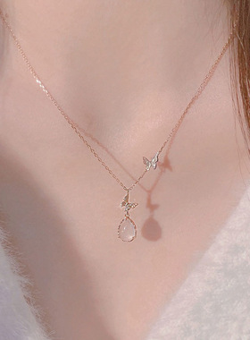S925纯银精致水滴粉玉髓项链女i