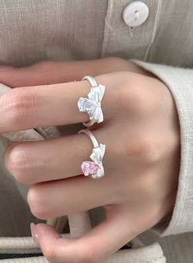 S925纯银蝴蝶结戒指女水滴锆石甜