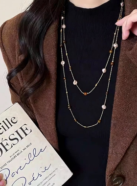 韩系爆款虎眼石双层叠戴项链轻奢