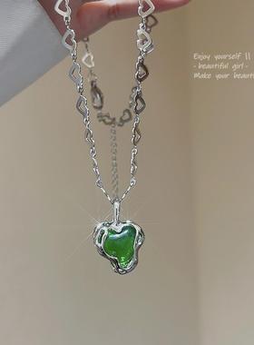 轻奢小众冷淡风不规则绿色爱心项链女网红同款百搭气质锁骨链颈链