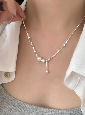 s925纯银拉丝球流苏珍珠项链女百