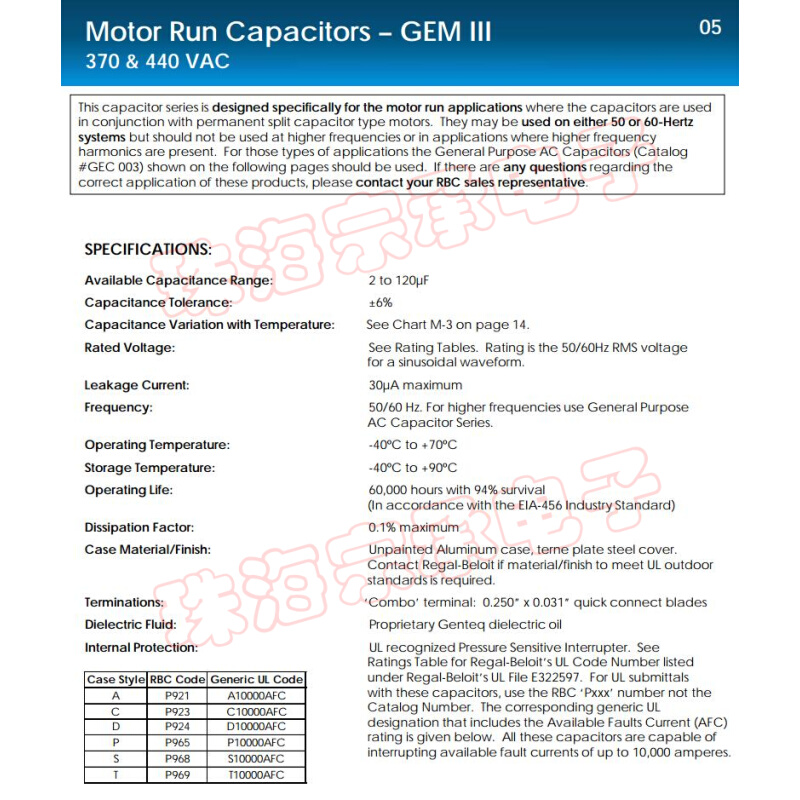 进口墨西哥 genteq 97F5339 5uF 440VAC 风机电机启动运行电容器 - 图1