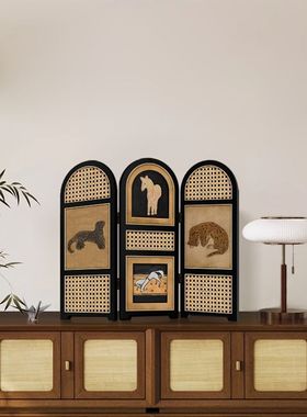 金钱豹装饰画中古风小屏风桌面摆画摆件复古电视柜玄关柜边装饰