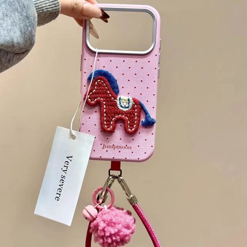 新年红波点立体刺绣小马手拎绳适用iPhone17ProMax手机壳16苹果15 - 图0