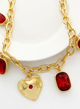 复古红宝石爱心黄铜项链