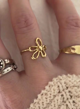 韩国小众简约缕空花朵开口戒指