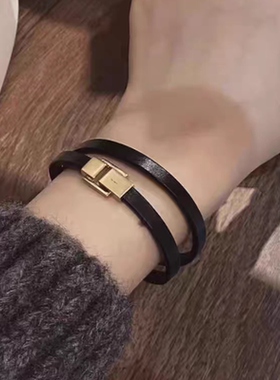 欧美个性简约方形黑色皮绳项链