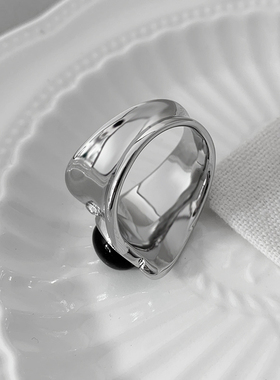 宽版错位黑曜石戒指指环金属ins