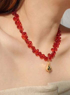欧美风西西里烈焰红琉璃锁骨链
