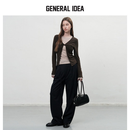 【折扣】GENERAL IDEA 韩国正品深灰白条纹高腰宽松百搭西装长裤 - 图2