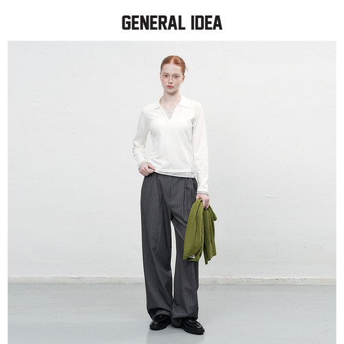 【折扣】GENERAL IDEA 韩国正品深灰白条纹高腰宽松百搭西装长裤 - 图3