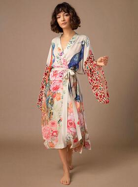 Women's Peacock Print Kimono Sleeve Cover Up Dress, Casual F