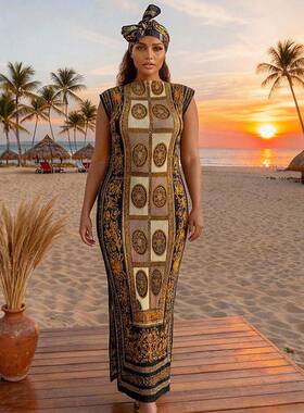 Women's Leopard Print Set, Casual Slim Fit Long Dress &