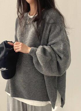 Women's Drop Shoulder Split Hem Sweater, Casual Long Sleeve