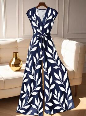 Women's V Neck Leaf Print Wide Leg Jumpsuit, Sleeveless High