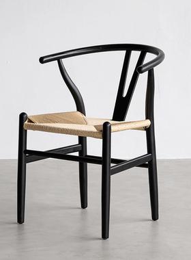 北欧白蜡木实木绳编休闲椅原木现代家用餐椅靠背扶手书房椅子大全