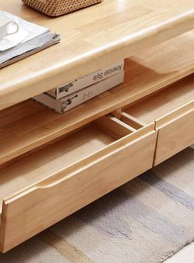 北欧全实木茶几家用客厅中式长方形茶几双层带抽茶桌沙发实木边几