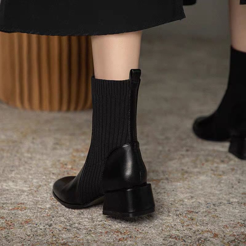 拼接设计瘦瘦靴女袜子靴2024年新款秋冬季方头短靴马丁靴中高跟鞋 - 图1