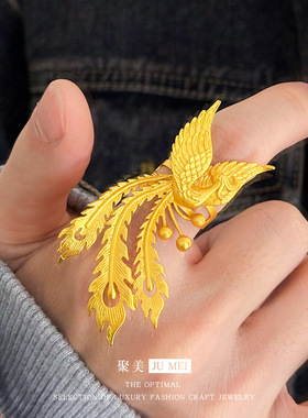 女款越南沙金古法大凤凰戒指新娘婚庆凤凰活口可调节仿真金色戒指