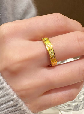 古法复古越南沙金爆闪吉言碎冰冰戒指亮面实心素圈闭口指环防金女