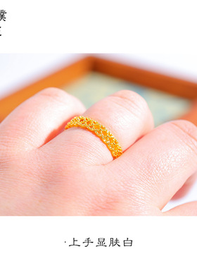 不掉色越南沙金可爱镂空花丝戒指蕾丝金色素圈指环女送礼物小众