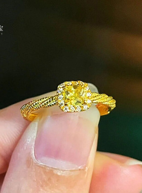 小方糖黄水晶宝石黄钻戒指轻奢超闪小众设计高级开口可调节送女友