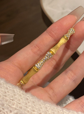 越南沙金不掉色竹节手镯 女士轻奢金色拉丝素圈国风半钻节节镯子