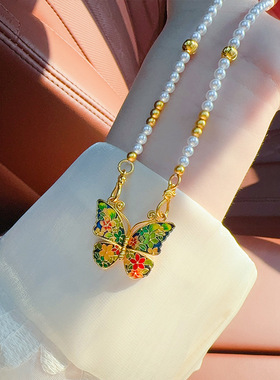 金店同款沙金高温烧蓝珐琅彩花团锦簇蝴蝶珍珠项链轻奢气质高级感