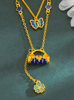 越南沙金珐琅彩包蓝锁包蝴蝶流苏套链烧蓝四叶草套链气质锁骨链女