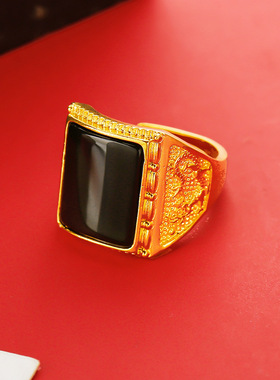 男款大气越南沙金镶黑曜玉石开口戒指 精美车花高级感轻奢男戒