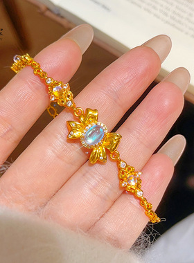 金店款越南沙金点钻蓝色月光石蝴蝶结手链花丝如意手串精致女防金